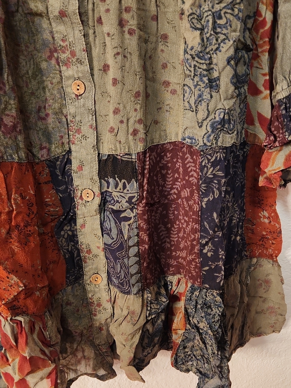 567.Bohemian Patchwork Ruffle Button-Front Top - Picture 4 of 6